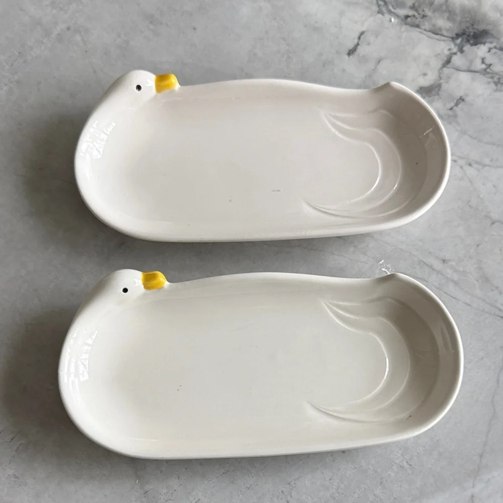 White Ceramic Duck Dishes- Set of 2